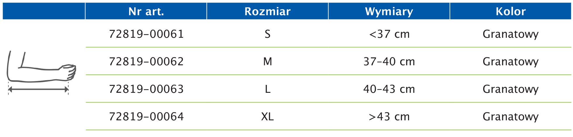 Tabela rozmiarów przedstawiająca wymiary temblaka Actimove Professional Line Mitella Comfort Tabela rozmiarów przedstawiająca wymiary temblaka Actimove Professional Line Mitella Comfort